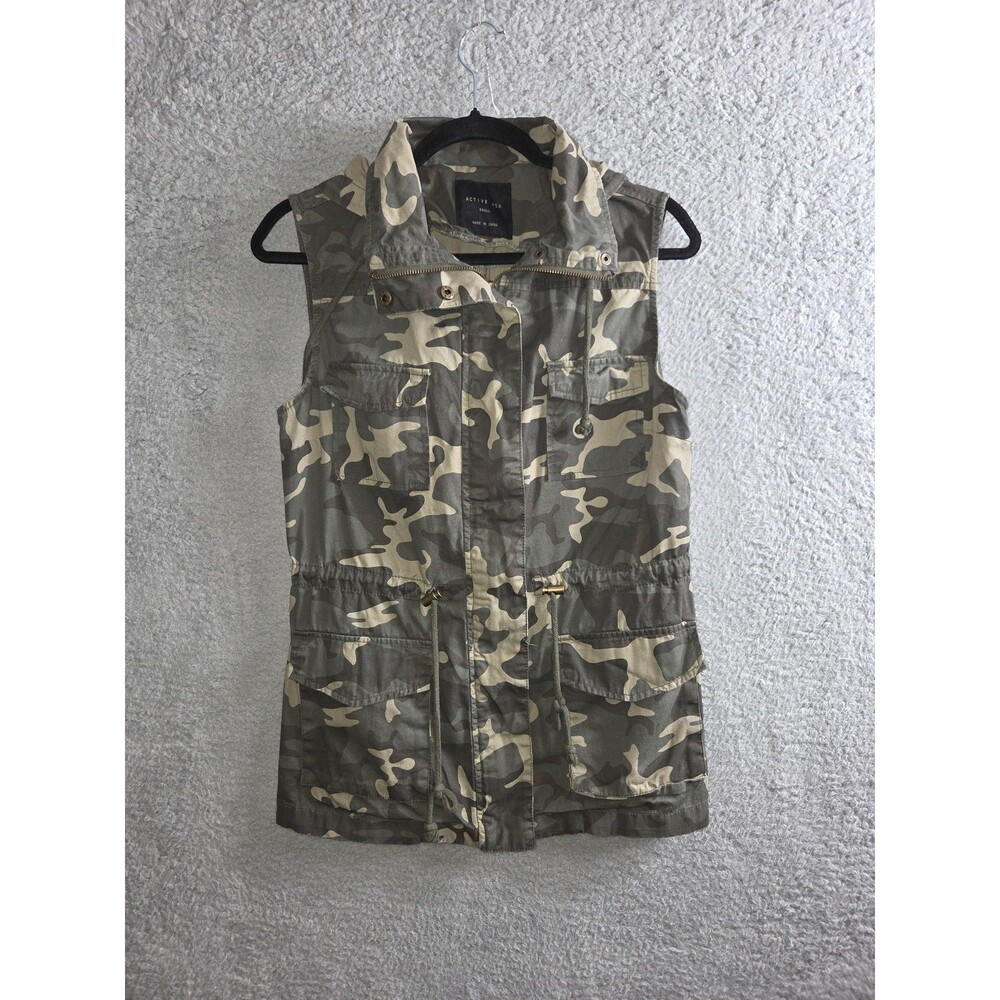 Active USA Vest Womens S Camo Hooded Utility Pockets Zip Front Drawstring Grunge